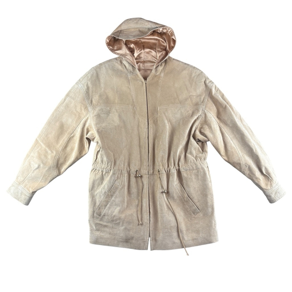Vintage Danier Tan Suede Hooded Jacket Coat Adjustable Waist Satin-Lined SMALL - Picture 1 of 10